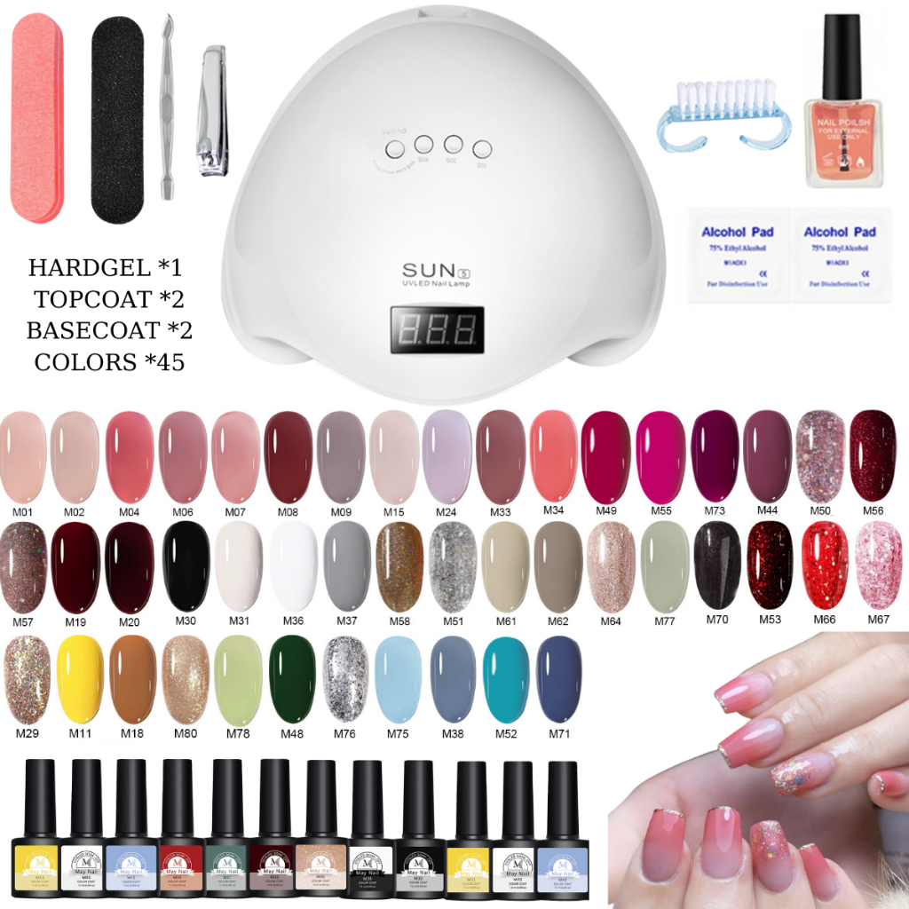 ชุดสีเจลขัดเงา 45 สี base top hard gel เครื่องอบผ้ายูวี LED SUN5 เครื่องมือขนาดเล็ก