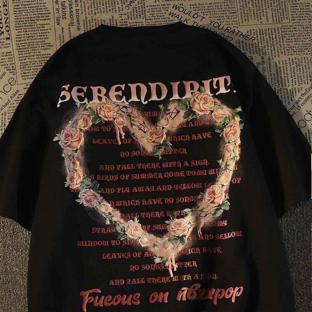 Basi เสื้อยืด oversize unisex สกรีนหน้าหลัง ลาย "SERENDIPITY" ความรัก และดอกไม้ ผ้าคอตตอน100% ใส่สบาย แนวสตรีท ฮิปฮอป
