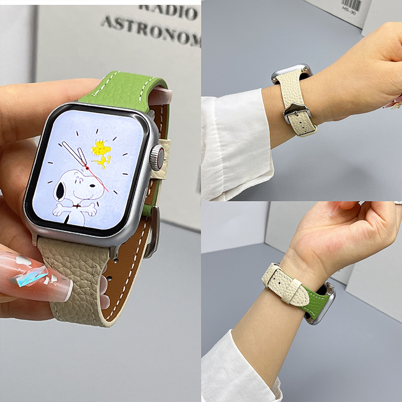 สายหนังใหม่ iWatch 10 9 8 7 6 5 4 SE 3 2 1 สีทึบการจับคู่สีสาย ultra 49mm46mm45mm44mm42mm40mm41mm38mm