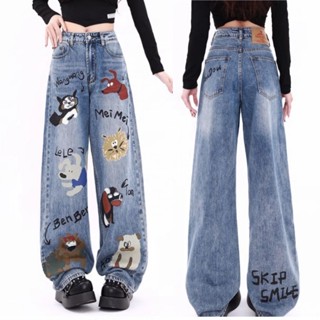 GHAOHES กางเกงยีนส์การออกแบบลายพิมพ์กาตูนวินเทจ ทรงกระบอกหลว…