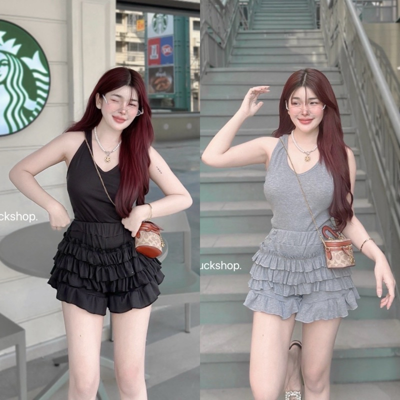 Teera พร้อมส่ง 2 ชิ้น เสื้อกล้าม+กางเกงระบายชั้น ผ้ายืดใส่สบาย คัดติ้งสวยแนะนำเลยค่า TAG : GL goodluck