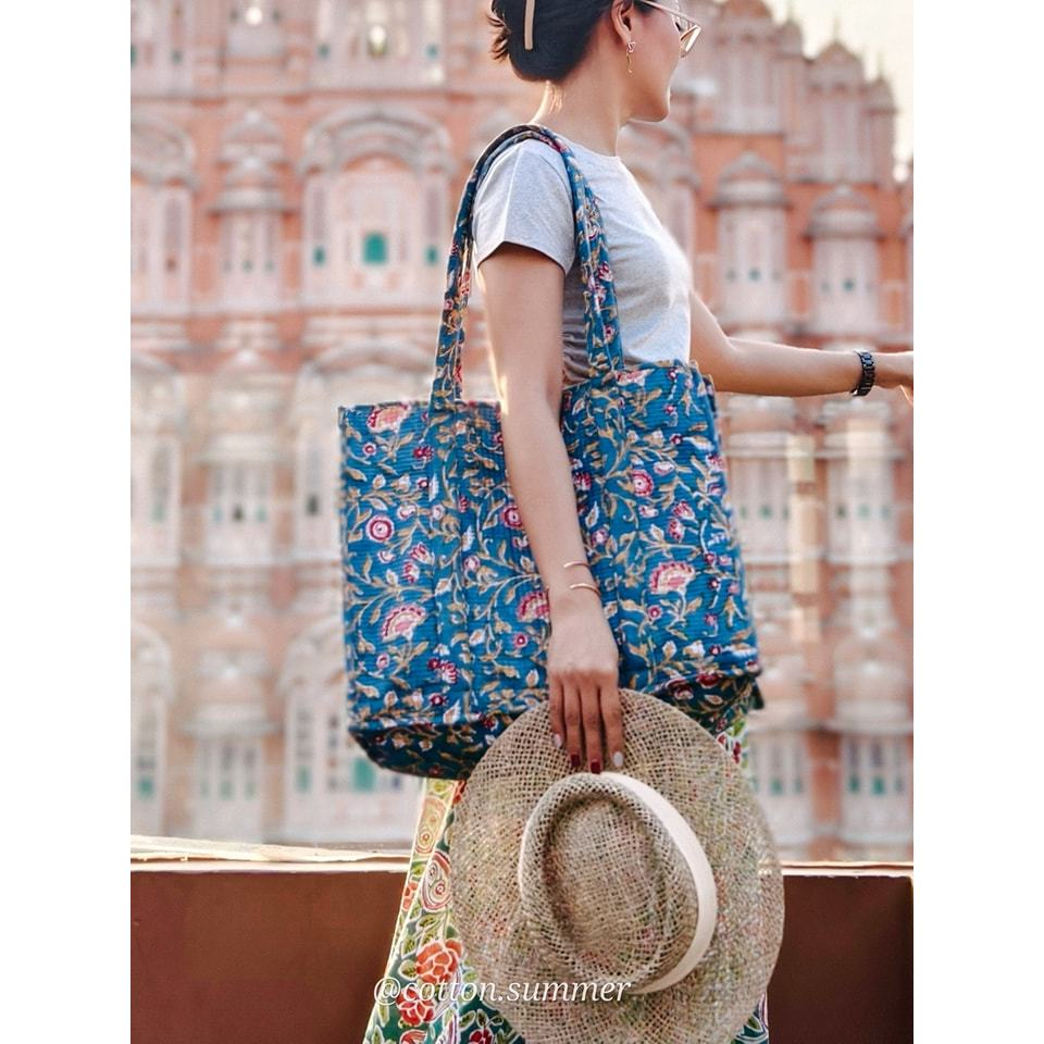 ส่งฟรี Tote bag กระเป๋าผ้าอินเดียงานพิมพ์มือ ตัดเย็บดีงาน กลับใช้ได้2ด้านเปลื่ยนได้ไม่เบื่อ