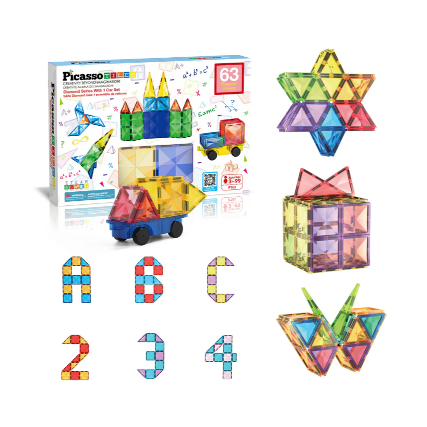 PicassoTiles Magnetic Tiles with Vehicle Base 63 Pc Building Block Set