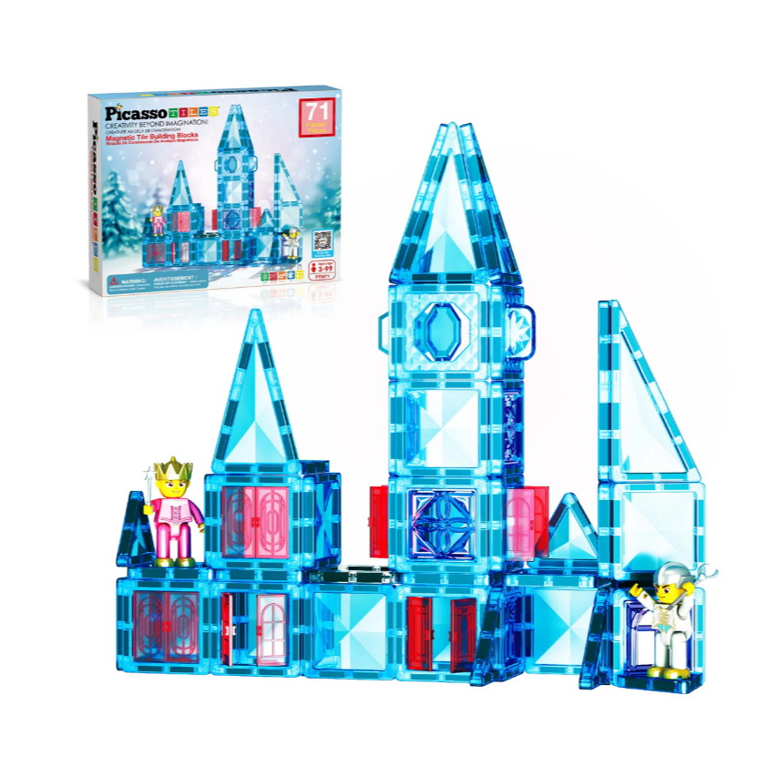 PicassoTiles 71 Pc Travel Magnet Tile Themed Winter Ice Magnetic Tile Building Blocks with 2 Character Action Figures