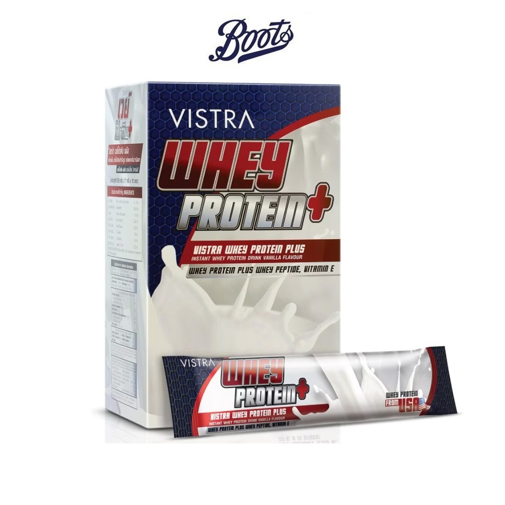 VISTRA วิสทร้า เวย์ โปรตีน พลัส เครื่องดื่มเวย์โปรตีนชนิดผง กลิ่นวนิลา 255 ก. 1 กล่อง 15 ซอง
