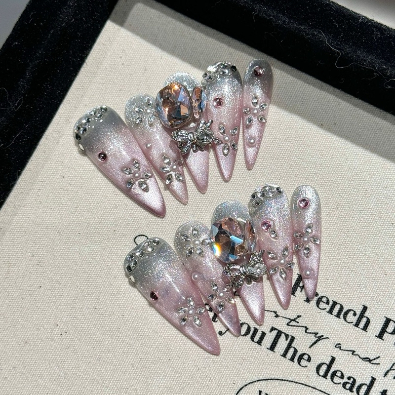 Handmade A2405 เล็บปลอมเล็บเจลpvcสวมใส่เล็บที่ถอดออกได้เล็บอุตสาหกรรมหนักหรูหราผงพีชรอยเปื้อนโซ่เพชรเต็ม