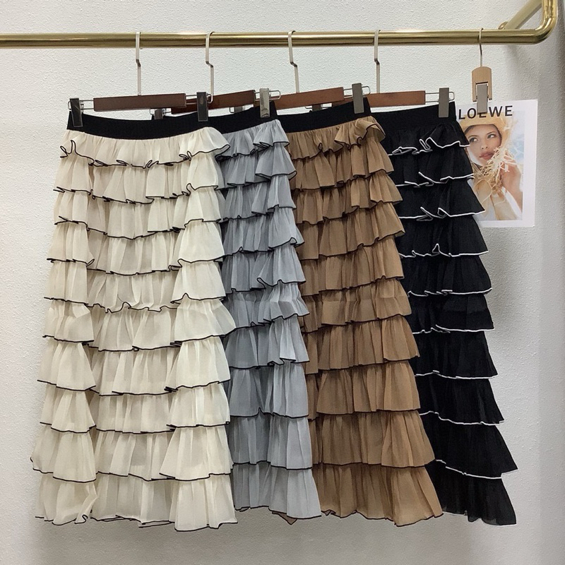 Maxi layers skirt 2 tone กระโปรงยาวเย็บชั้นๆ ดีเทลตัดขอบสุดคิ้วท์ มี4สี