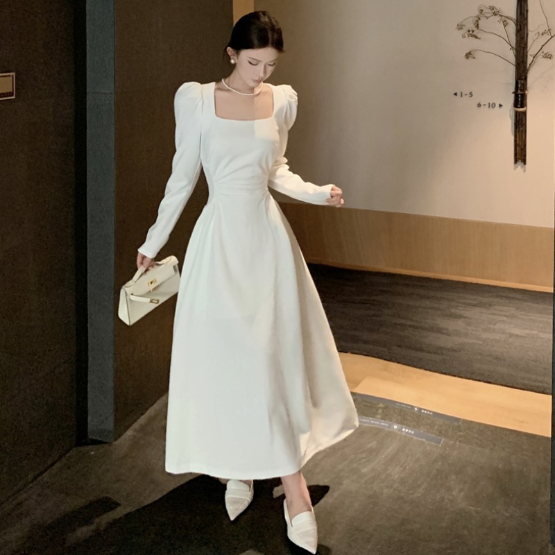 ผู้หญิง แฟชั่น สีขาว น่ารัก กระโปรงยาว ชุดเกาหลี แขนยาว  ชุดออกงาน 🧸 ใส่พรางต้นแขน ดีมากกก ราตรี เดรสออกงาน