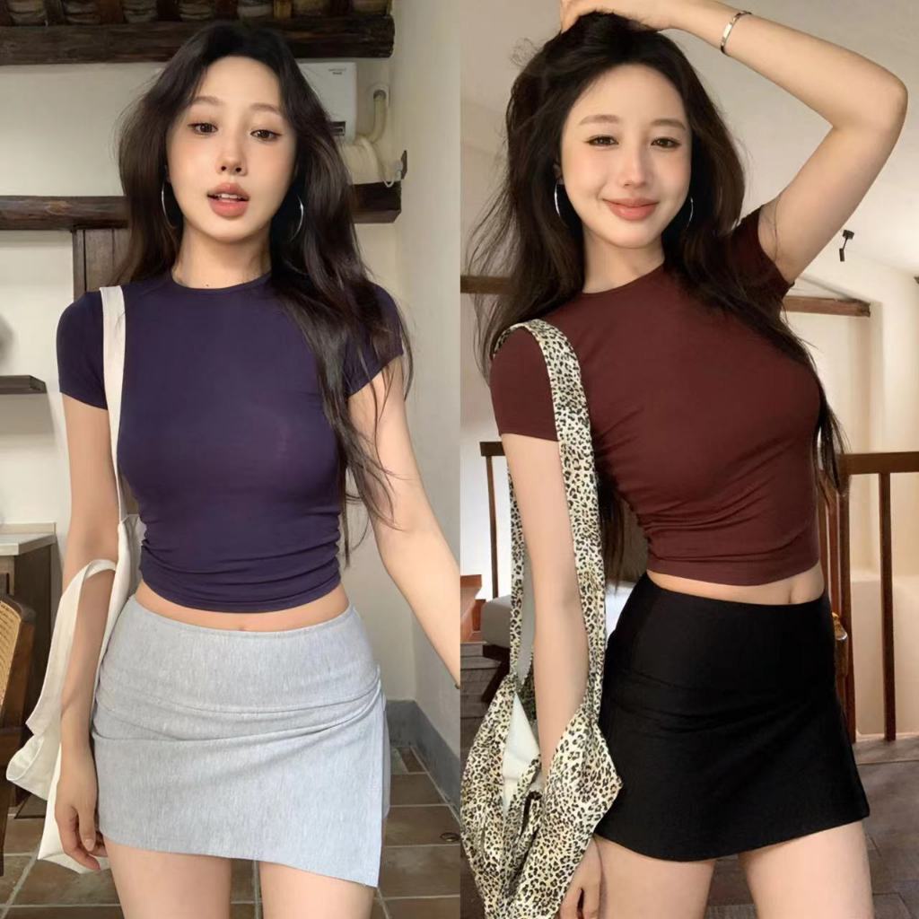 พร้อมส่งจากไทย ชุด2ชิ้น เสื้อแขนสั้นรัดรูป คอกลม+กระโปรงสั้นมีซับใน 4สีให้เลือกได้ ฝ้าย100% ผ้าเนื้อดีๆสวย สไตล์เกาหลี