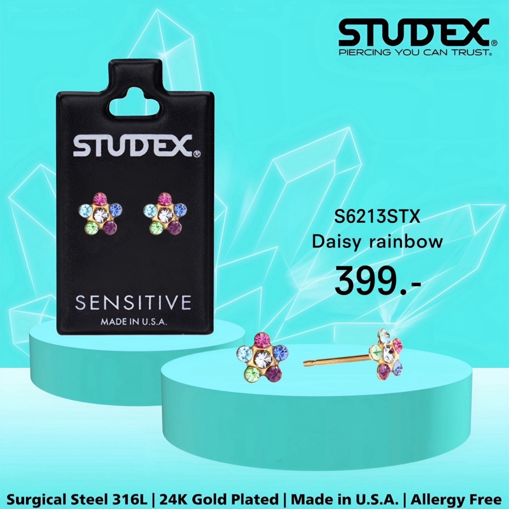 STUDEX S6213STX ต่างหูแฟชั่นสำหรับหูแพ้ง่าย เคลือบทอง 24K DAISY RAINBOW