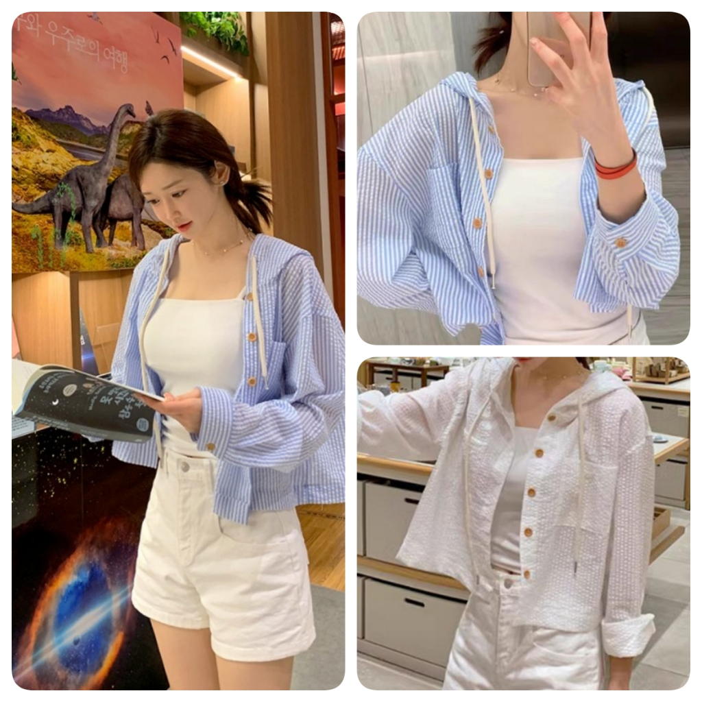 Beryl เสื้อคลุมลายทางเกาหลี มีฮู้ด สำหรับผู้หญิง แบบใหม่ หลวมๆ สบายๆ สไตล์ดีไซเนอร์ แขนยาว เสื้อตัวสั้น