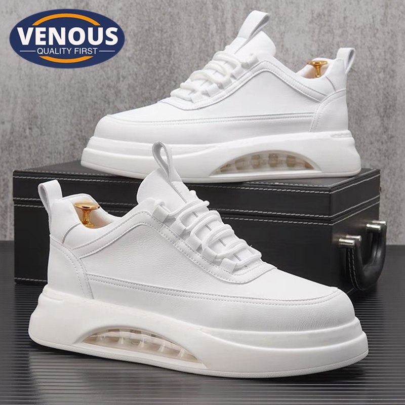 【Venous】2025 กีฬารองเท้าสีขาวทั้งหมดสำหรับผู้ชาย ผู้ชายคุณภาพสูงหนาพื้นเพิ่มรองเท้าผ้าใบสีขาว