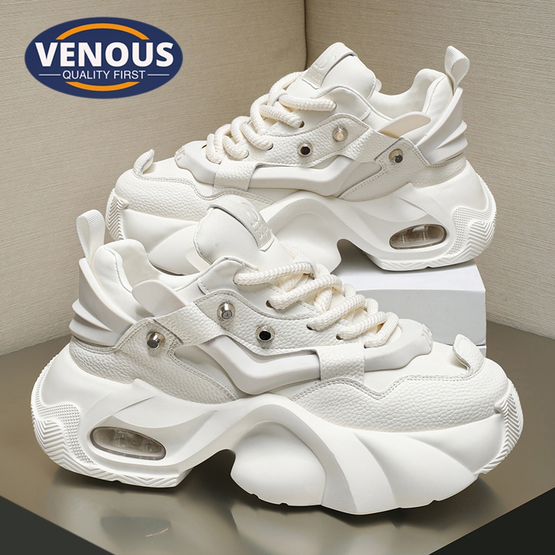 【Venous】2025 รองเท้าผ้าใบสีขาวหนาสำหรับผู้ชาย รองเท้าผ้าใบแบบเป็นกันเองสำหรับผู้ชาย รองเท้ากีฬายางสำหรับผู้ชาย