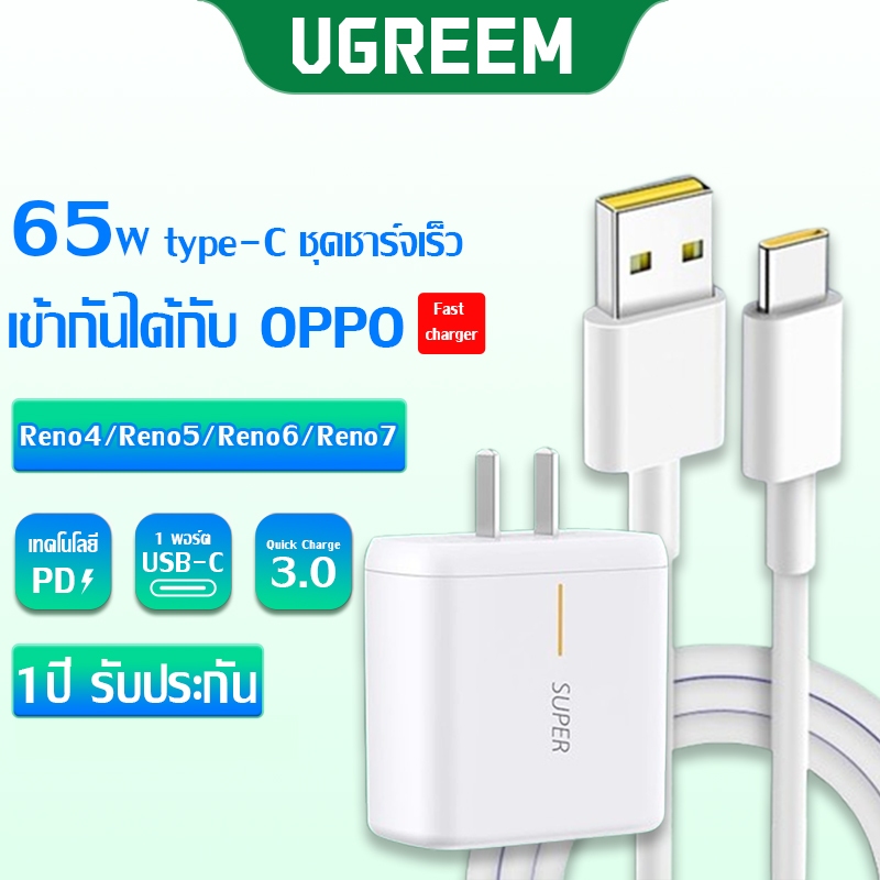 Ugreem หัวชาร์จ OPPO 65W ชุดชาร์จเร็วสุด SUPER VOOC 2.0 สายชาร์จ TYPE C fast charger เหมาะสำหรับReno7 Reno6 Reno5 Reno4