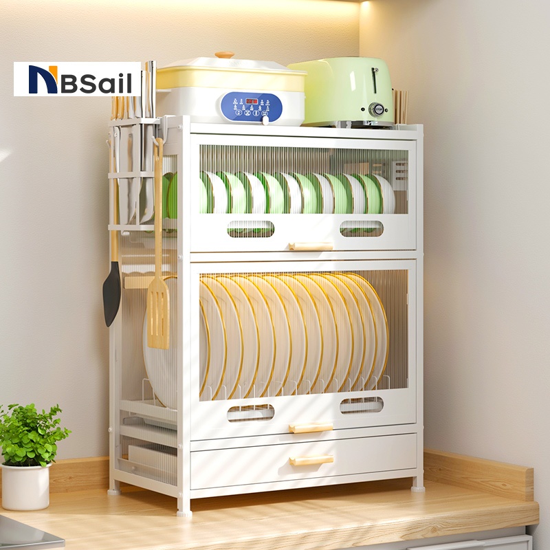 NBsail ชั้นวางจานคร่อมไมโครเวฟ ตู้วางของครัวพร้อมถาดรองน้ำ ชั้นวางของในครัว
