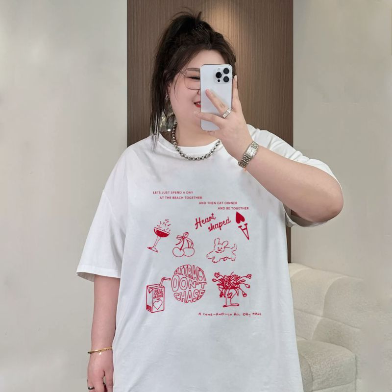 TeddyTee เสื้อยืด oversize สาวอวบ พลัสไซส์ สกรีนลายสีแดง ผ้าคอตตอน100% ใส่สบาย สไตล์เกาหลี มินิมอล น่ารักมาก สีขาว