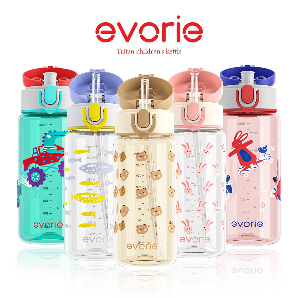 Evorie ขวดน้ำเด็ก 380ml ขวดน้ำ เด็ก อนุบาล เหมาะ พกพาสะดวก และทนต่อการตกหล่นสำหรับเด็กอายุ 2-8 ปี  วัสดุ Tritan BPA Free