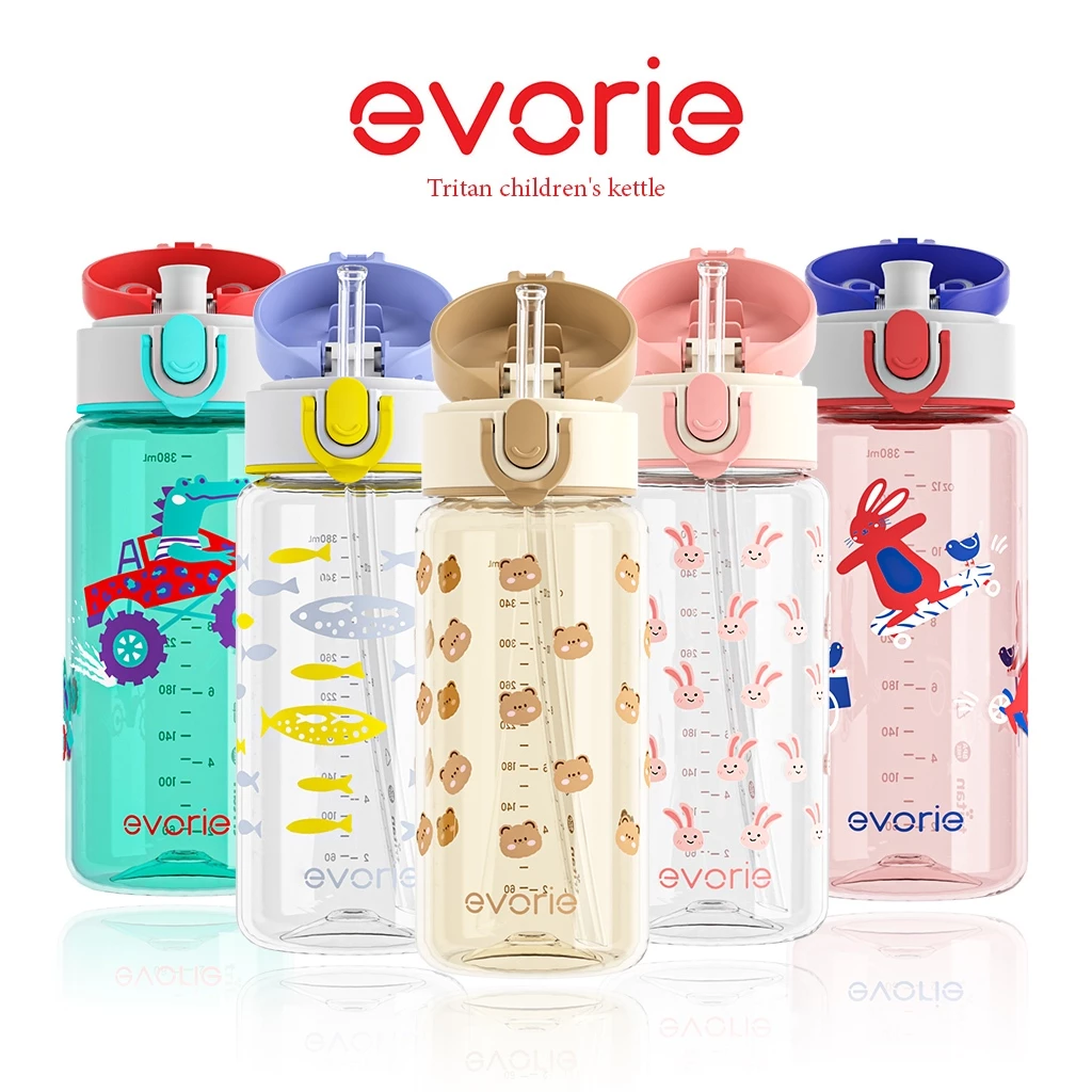 Evorie ขวดน้ำเด็ก 380ml ขวดน้ำ เด็ก อนุบาล เหมาะ พกพาสะดวก และทนต่อการตกหล่นสำหรับเด็กอายุ 2-8 ปี วัสดุ Tritan BPA Free
