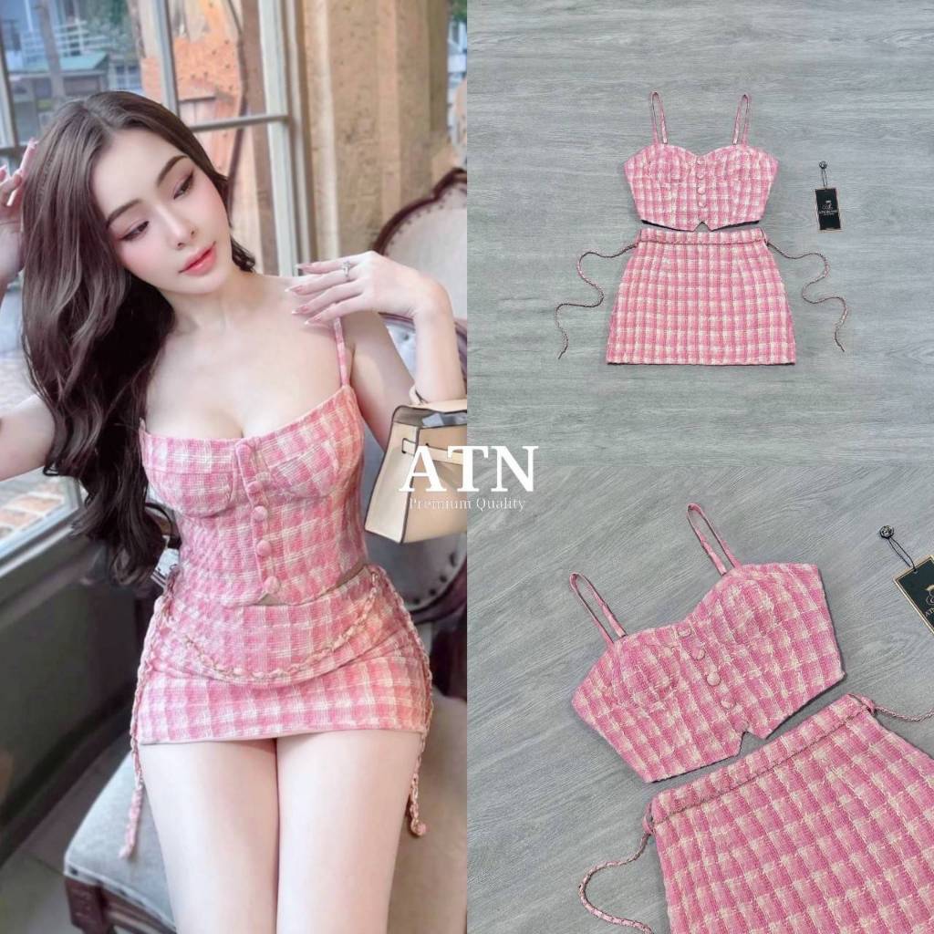 ATN ชุดset 3ชิ้น เสื้อสายเดี่ยวผ้าทวิตชมพู สายเดี่ยวปรับได้