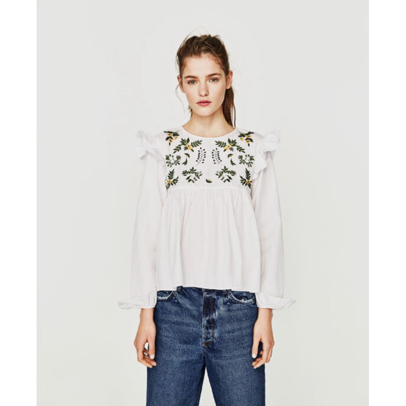 เสื้อแขนยาวซาร่าสีขาวงานปักหน้า-หลัง ZARA สวยมากๆ ไซส์ XS