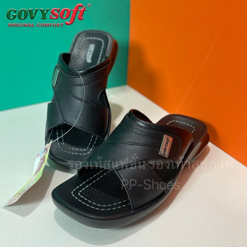 ส่งฟรี! รองเท้าแตะชายแบบสวม *สีดำ GovySoft หนัง PU แท้100% z.39-43