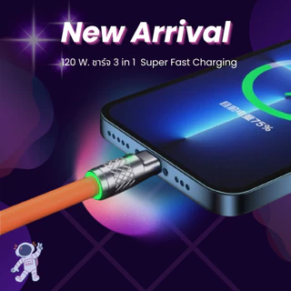 สายชาร์จ 3 IN 1 Type C,iP,Micro USB สายเคเบิลข้อมูลซิลิโคนเหลวโลหะผสมสังกะสี 6A ชาร์จสูงสุด120W