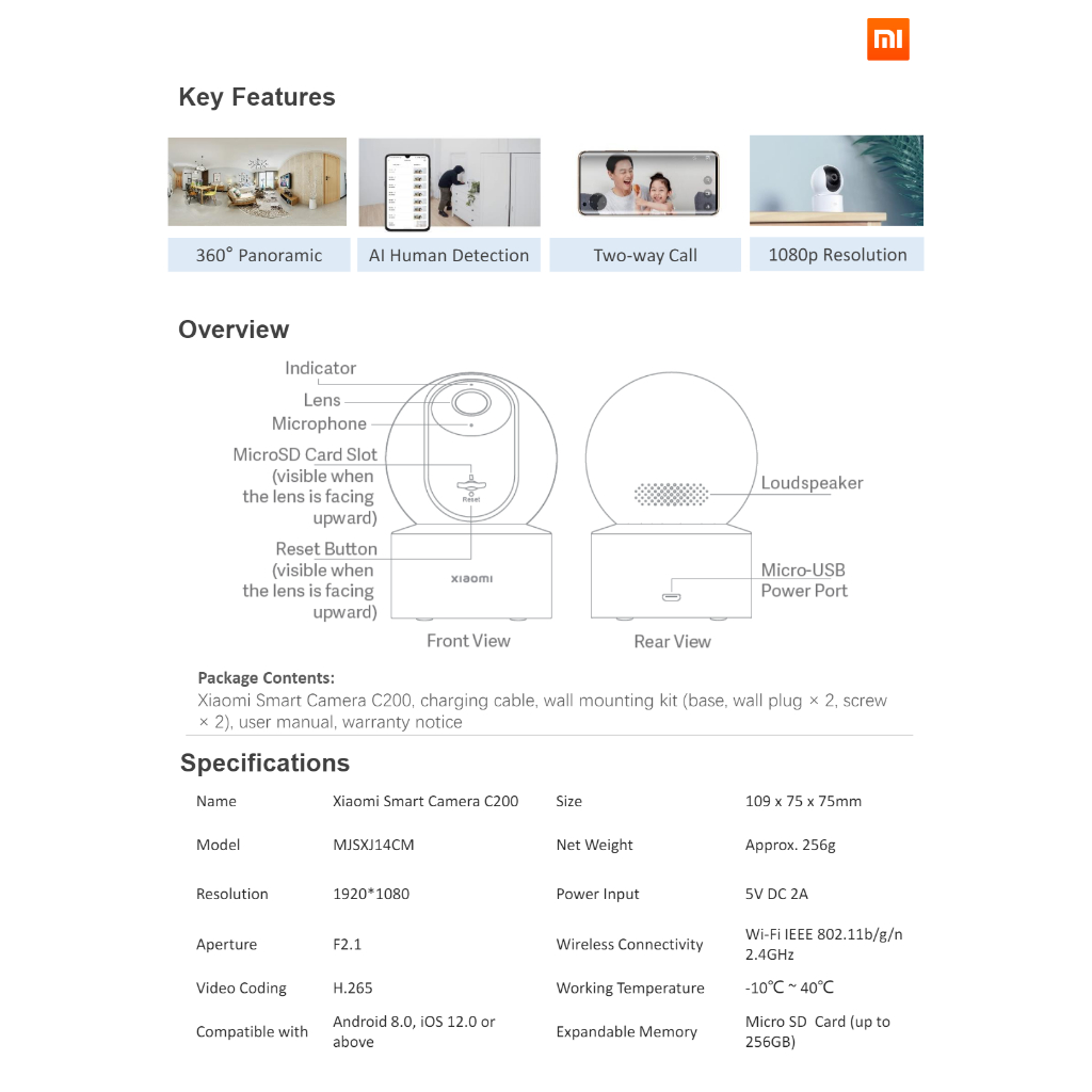 พร้อมส่ง XIAOMI Smart Camera C300 Voice Control ระบบ AI กล้องวงจรปิด wifi กล้องวงจรปิดไร้สาย mi home