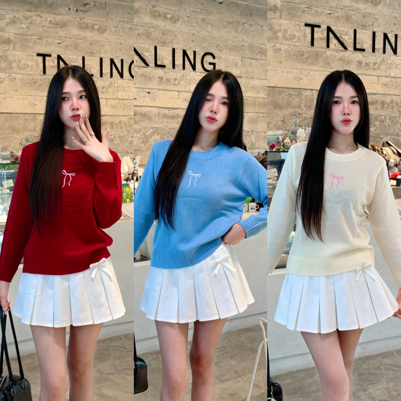 เสื้อกันหนาว สเวตเตอร์ไหมพรม สาวอวบใส่ได้ ปักโบว์น่ารัก ผ้ายืดเยอะมาก ผ้านิ่มใส่สบาย รุ่น สเวตเตอร์ปักโบว์