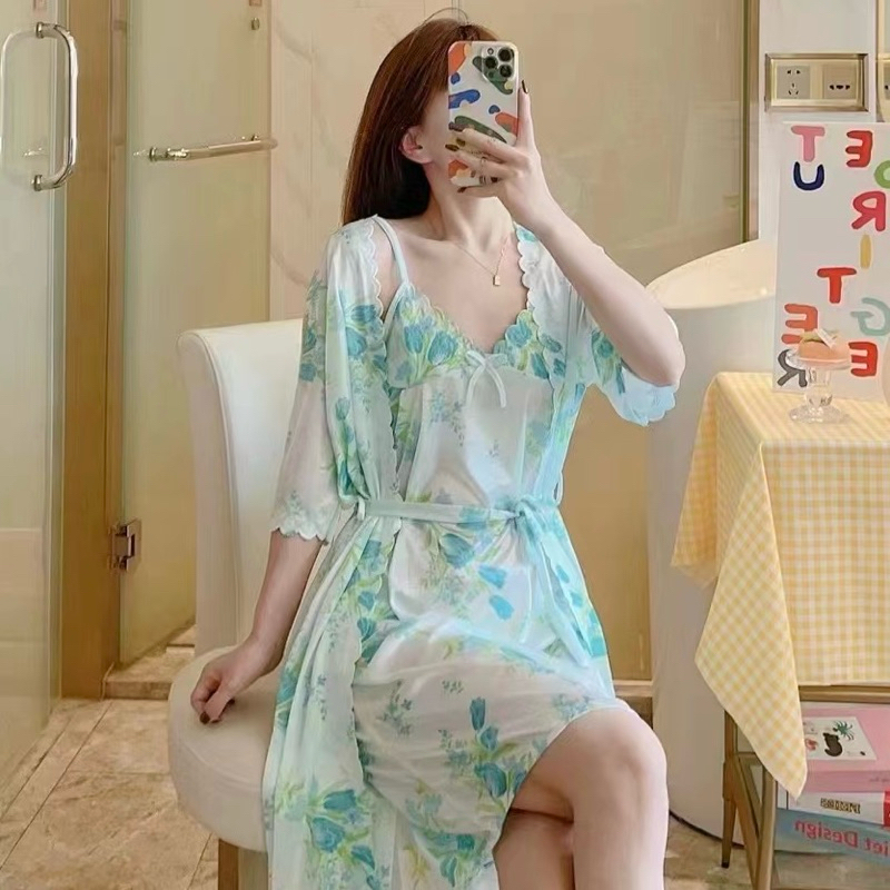 ชุดนอนแบบเซ็ต ชุดนอนกระโปรงสายเดี่ยว+ชุดคลุม (ได้2ชิ้น) ผ้ายืดซีทรู ราคา ถูกที่สุด ดีลบีเคเค แกลเลอรีภาพที่ 5
