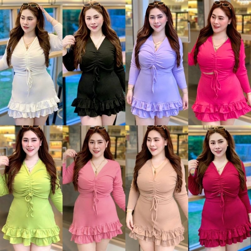 Z140 เซ็ตกระโปรงสาวอวบ เสื้อรูดหน้าปรับได้ อก38-46“ เอว30-42” สพ.-52“