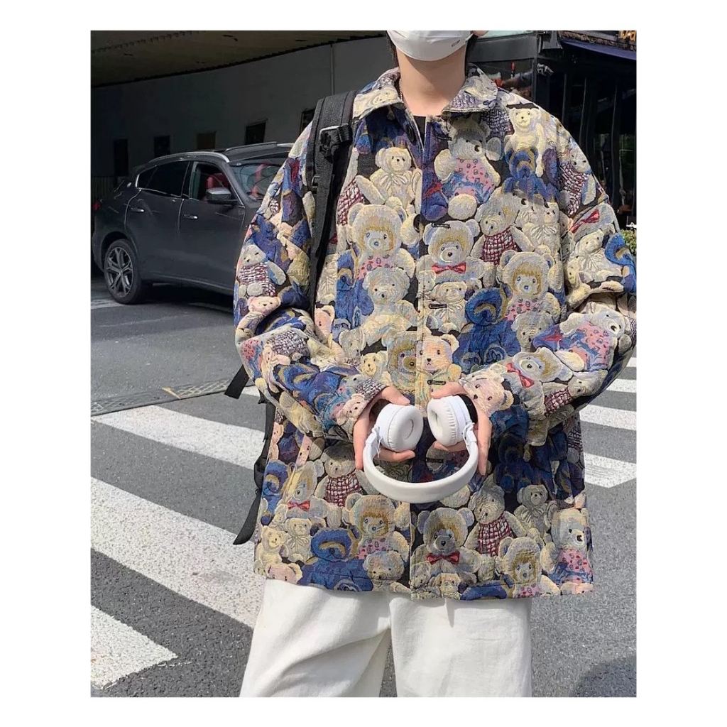 แจ็คเก็ตหมีพิมพ์ลาย High Street สำหรับผู้ชาย งานเสื้อแฟชั่น ทรง Oversize Harajuku
