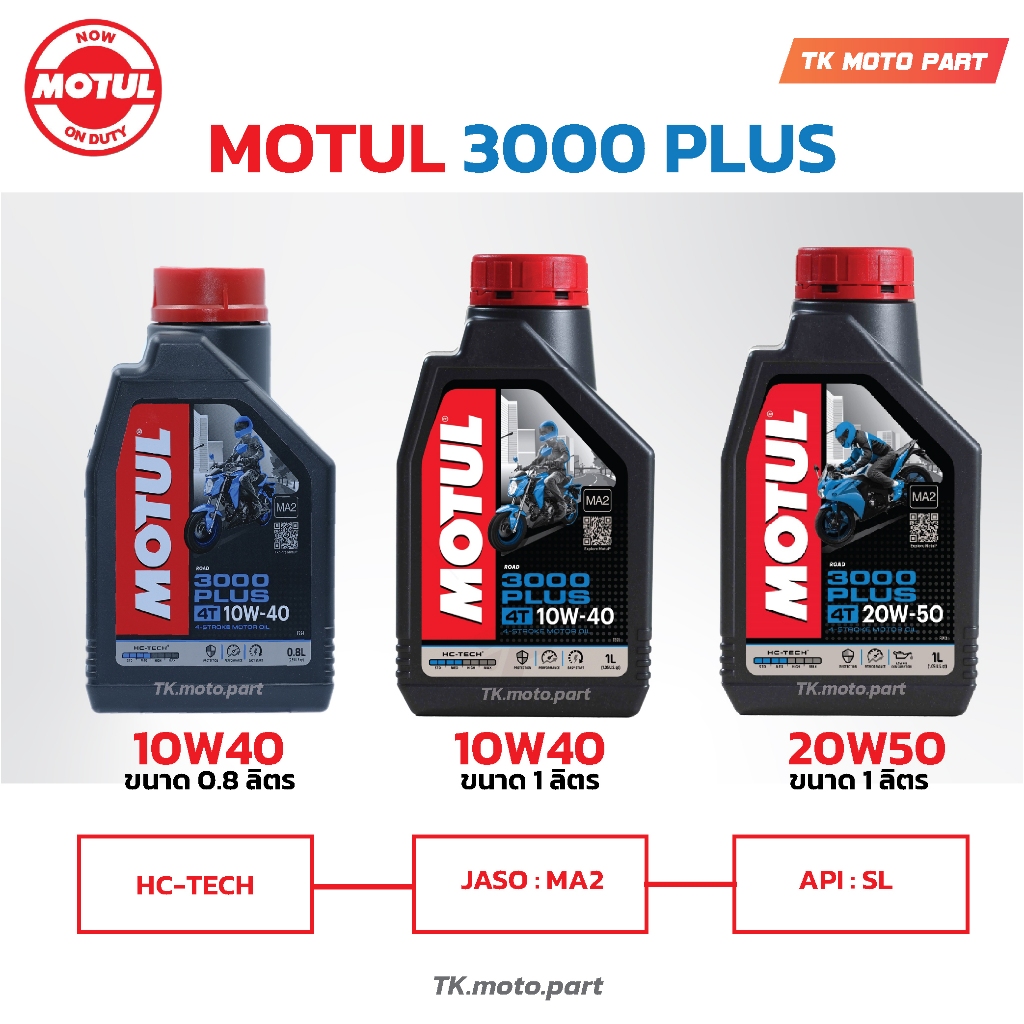 น้ำมันเครื่องโมตุล 3000PLUS Motul 10W40/20W50 3000พลัสMA2 ขนาด 0.8ลิตร / 1ลิตร สำหรับรถจักรยานยนต์