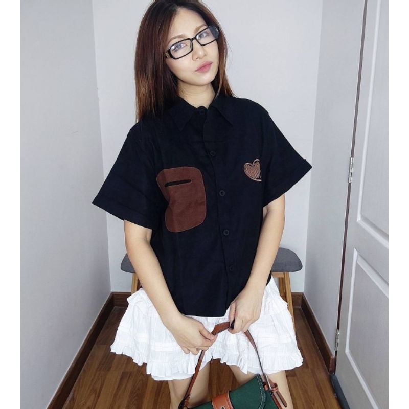 เสื้อเชิ้ตแขนสั้น ผ้าคอตตอนผสมโพลีฯ เนื้อหนานุ่มปักลายหัวใจ และกระเป๋าเจาะ(ภาพถ่ายจากสินค้าจริง) - รูปที่ 7