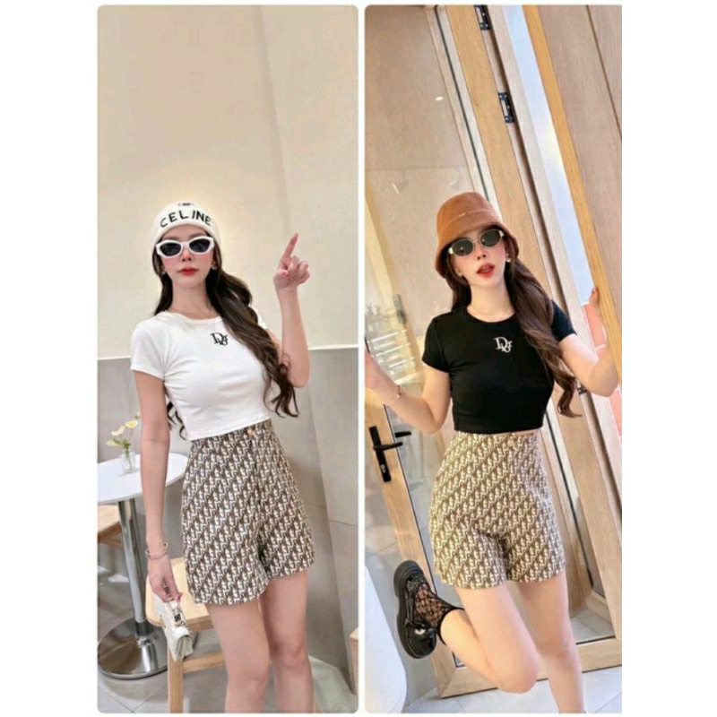 402💘ขาวมีL-2XL💘ดำมีL,XL[เอวเล็ก2"]เสื้อ15"กก15" เซตกางเกงขาสั้น เสื้อยืดครอป กางเกงลายสวย