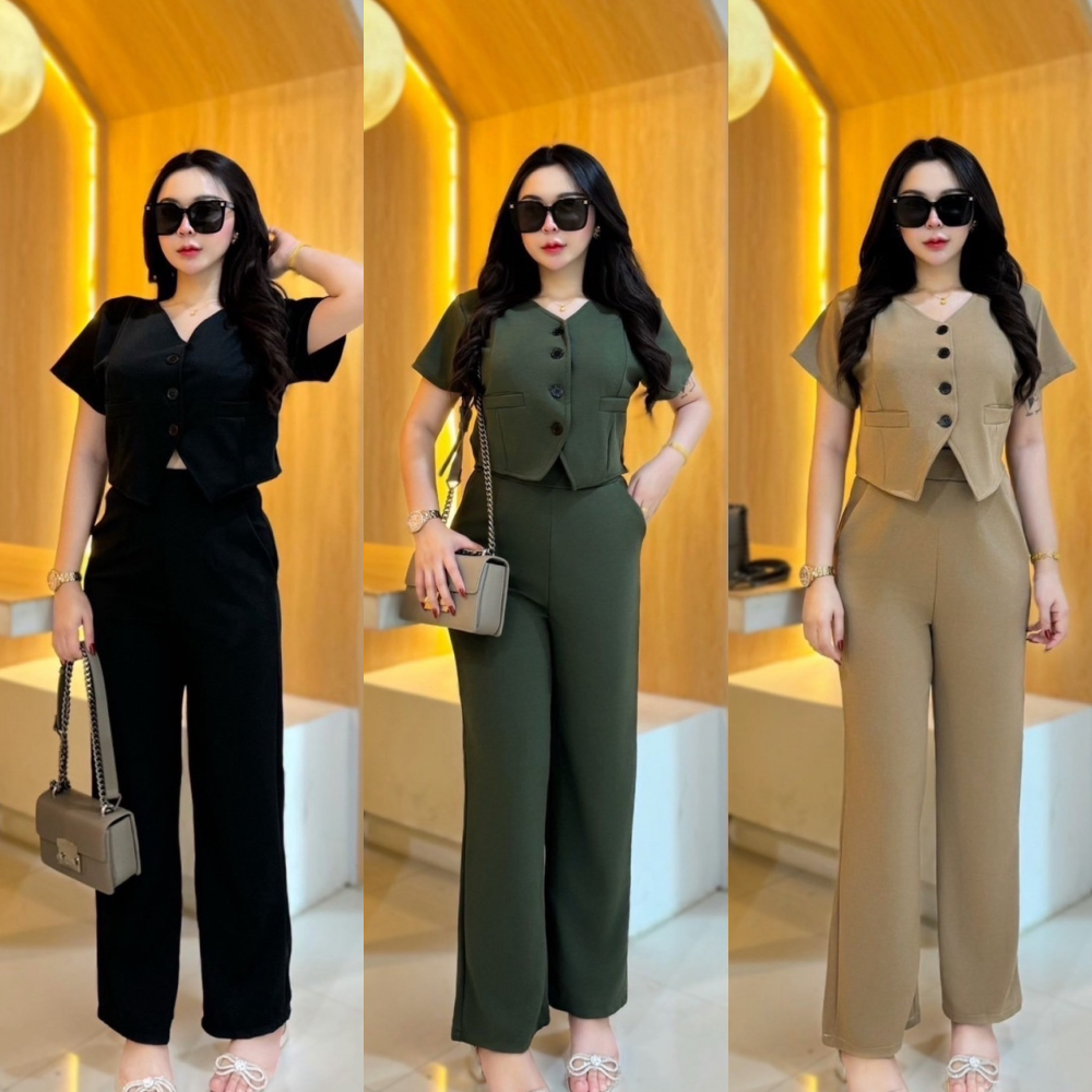 พร้อมส่ง ชุดเซตผ้าวูลเวฟ เสื้อทรงสูทกระดุมหน้ากระเป๋าหน้า+กางเกง (A3,A23) A4085
