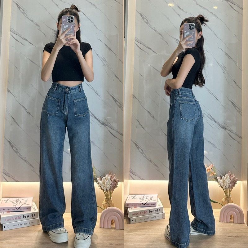 กางเกงยีนส์ทรงเบสิคแต่งดีเทลกระเป๋า B540 สียีนส์ฟอก ผ้ายีนส์นุ่มใส่สบาย เอวสูง ผ้าไม่ยืด