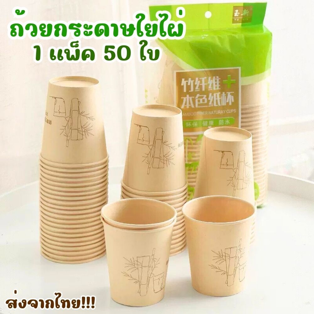 แก้วน้ำกระดาษ 8 oz. วัสดุใยไผ่คุณภาพดี ปลอดภัยไร้สารเรืองแสง ใส่ได้ทั้งน้ำร้อนและเย็น (1 แพ็ค 50 ใบ) ส่งจากไทย!!!