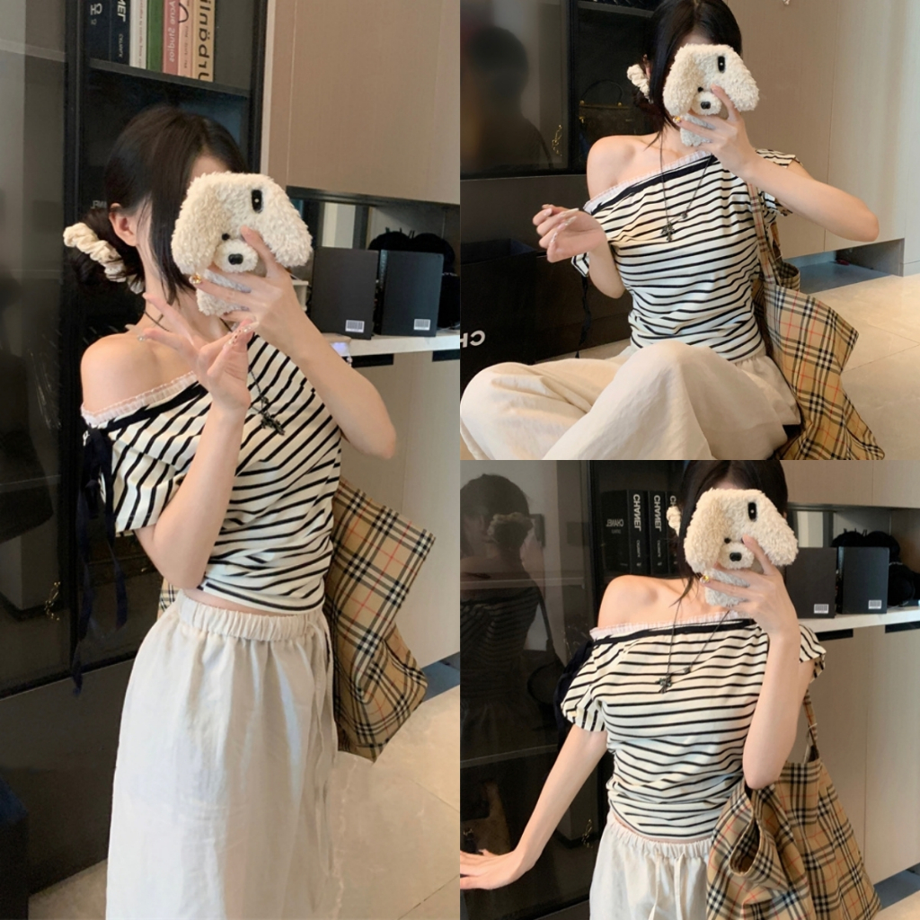Beryl เสื้อยืดแขนสั้นลายทางดีไซน์ลำลองอเนกประสงค์ เสื้อท็อปทรงสลิมขอบลูกไม้ผูกโบว์สำหรับผู้หญิงช่วงฤดูร้อน