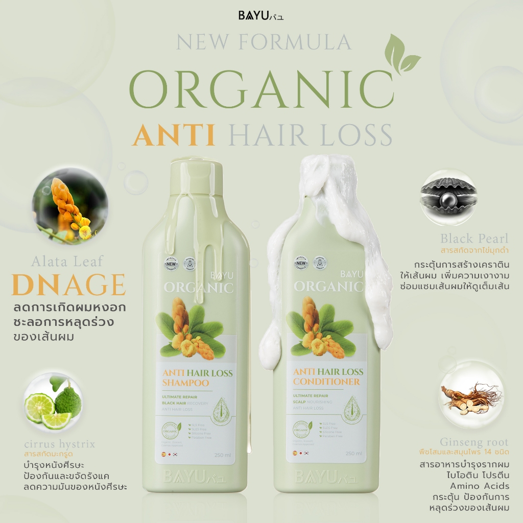 ใหม่ Bayu Oganic แชมพู+ครีมนวด เห็นผลไว 2 เท่า ลดผมร่วง เร่งผมยาว ลดการเกิดผมขาว ลดอักเสบของหนังศีรษะ
