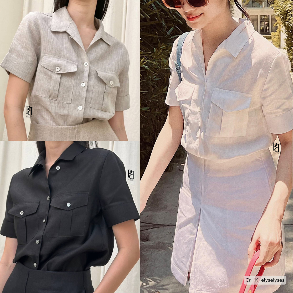 PLOWBRANDS TS0014 Inspire pocket shirt เชิ้ตลินินแท้ 100% แขนสั้นมีกระเป๋า *รอบปลายแขนเล็ก เลือกไซส์เผื่อดีเทลปลายแขน 2"