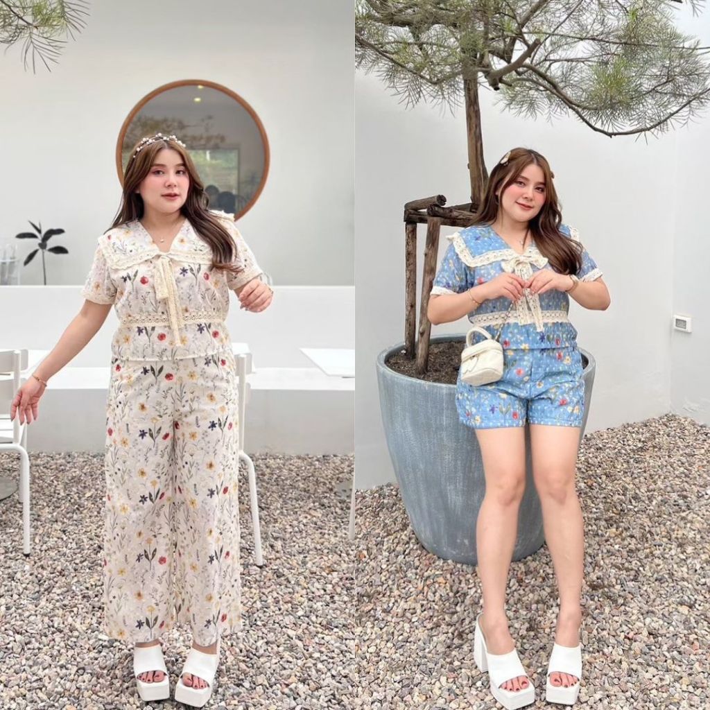 ชุดเซท ชุดเซทสาวอวบ เซทฉลุ เสื้อครอปแขนสั้น แต่งขอบ+ลูกไม้กางเกงขาสั้น/ขายาว เซทออกงาน หรู น่ารัก เซทคาเฟ่