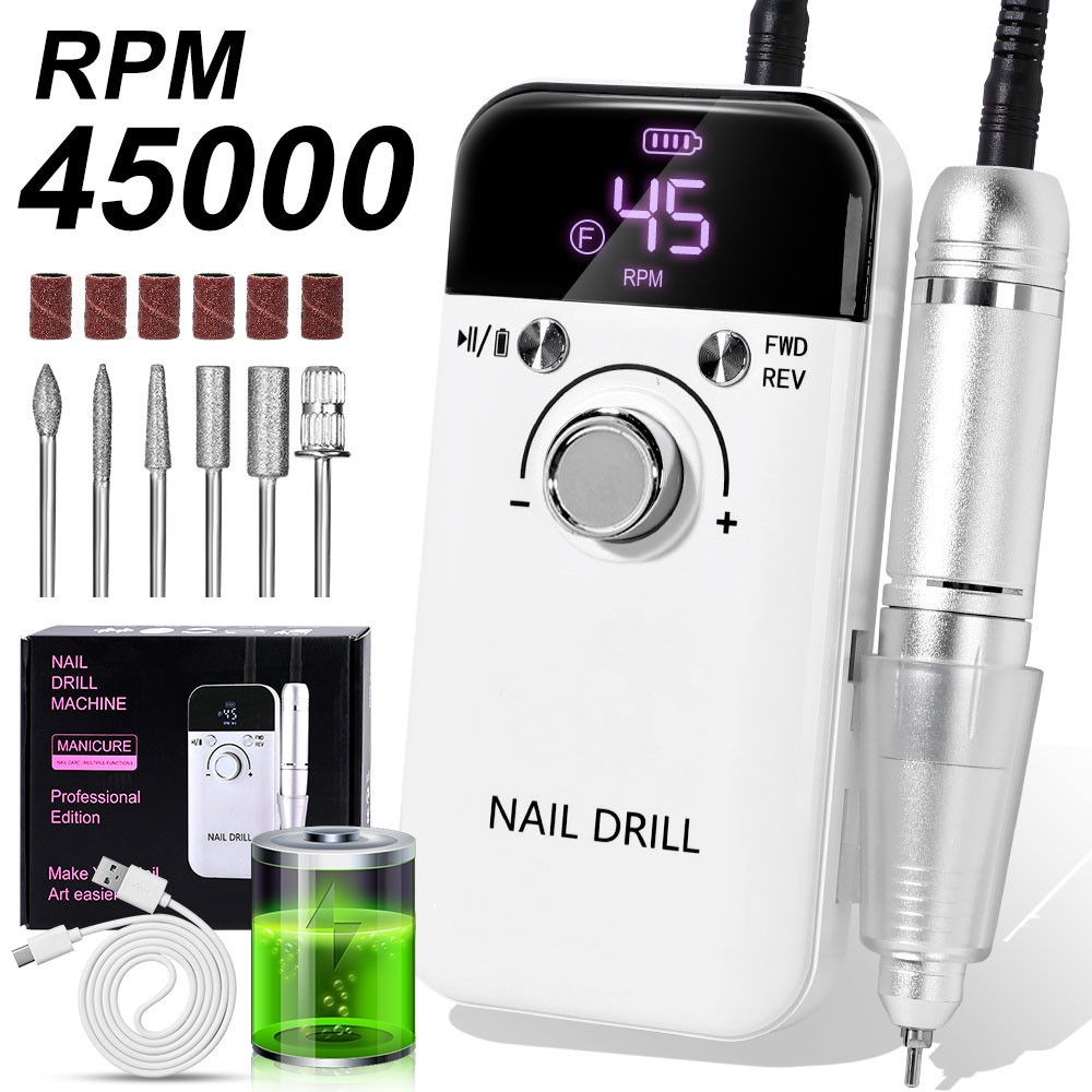 เครื่องเจียรเล็บ 45000RPMLCDเครื่องเจียเล็บไฟฟ้า ตะไบไฟฟ้า อุปกรณ์ทำเล็บ มืออาชีพ แบบพกพา เจียรเล็บ มีแบตเตอรี่