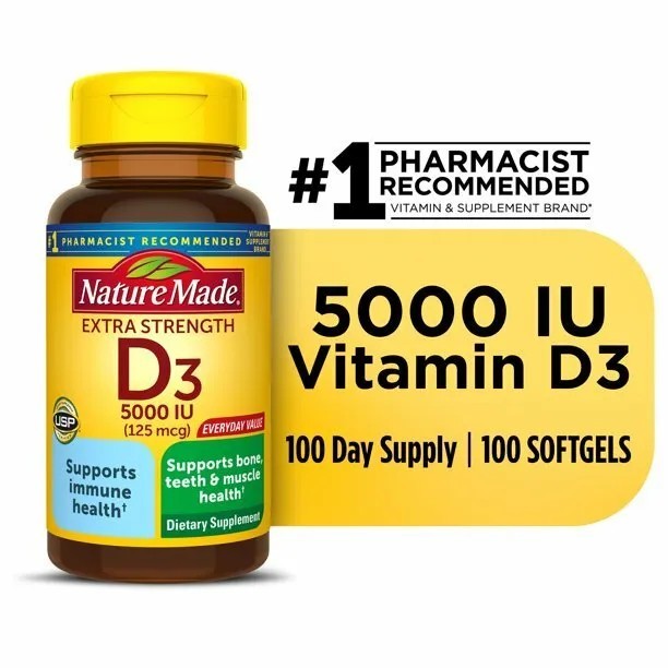 Nature Made Extra Strength Vitamin D3 5000 IU (125 mcg), 100 Softgels