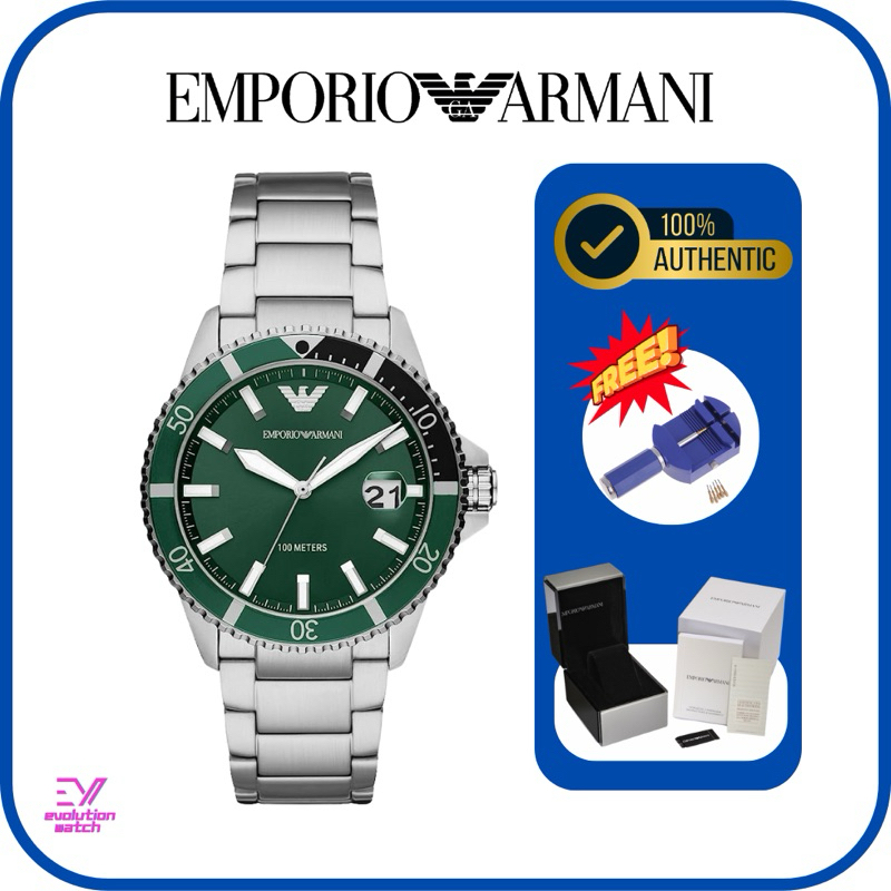 นาฬิกาข้อมือผู้ชาย EMPORIO ARMANI รุ่น AR11338 Three Hand Green Dial Silver Steel Strap ของแท้100% ป