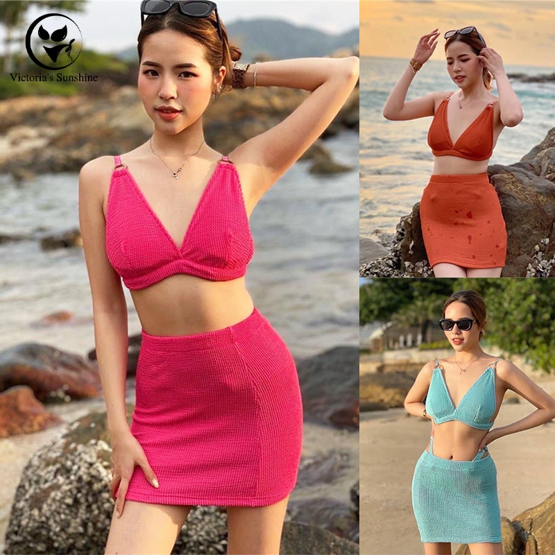 ส่งไวจากไทย ชุดว่ายน้ำกระโปรง ชุดว่ายน้ำ3ชิ้น bikini set มีฟองน้ำ summer#0525
