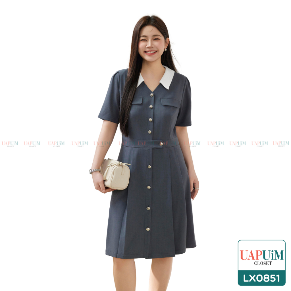 (LX0851)ชุดเดรสสาวอวบเดรสแขนสั้นสุดคลาสสิก สไตล์มินิมอล กระดุมหน้าใช้งานได้จริง