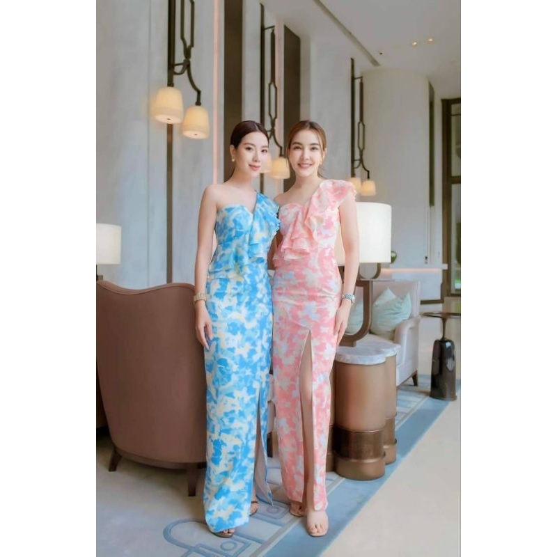 (S-4xl)เดรสทรงสลิมผ่าข้างไหล่ระบายเฉียงดีไซน์เก๋ใส่สวยเข้ารูป
