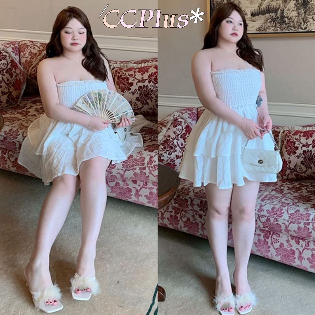 CiCi Plus+(3346) เกาะอกเดรส detail จั๊มตรงอกพร้อมแต่ง  กระโปรงเป็นชั้นสไตล์สาวเกาหลีเหมาะสำหรับสาวพลัสไซส์