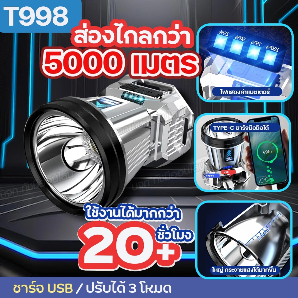 ไฟฉายคาดหัว T998 ของแท้ ไฟฉาย LED กันน้ำ แสงขาว / แสงเหลือง ไฟคาดศรีษะ ชาร์จมือถือได้ ชาร์จUSB