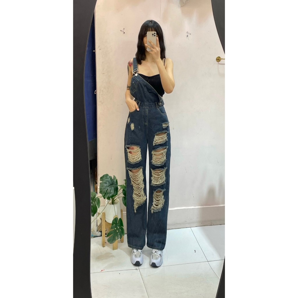 XN-5890# กางเกงยาวเอี๊ยมยีนส์สายคาดเดี่ยว ขัดขาดเอวสูงทรงกระบอก ทรงแฟชั่น สไตล์เกาหลี เนี้อผ้ายีนส์ ( ผ้าไม่ยืด )ต้องมี